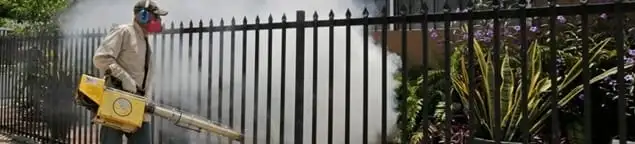 Mosquito control technician fogging a yard perimeter for mosquito reduction in Phoenix, AZ